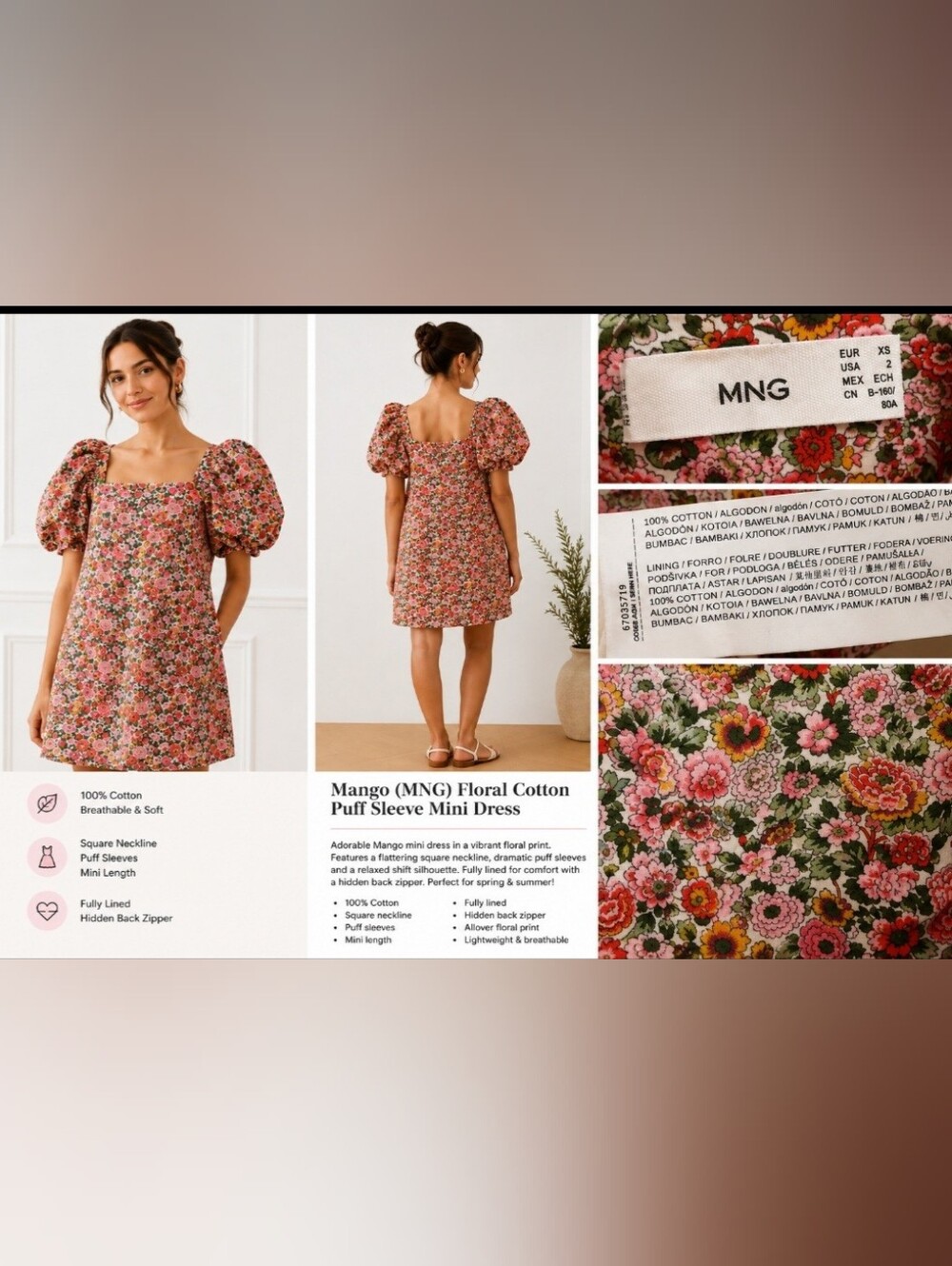 Mango Floral Puff Sleeve Mini Dress - Pink, Green, Yellow - Gently Worn